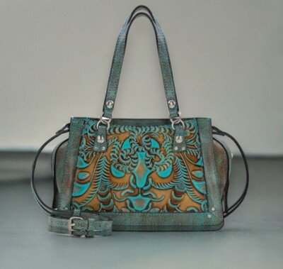 Patricia Nash Bag Satchel Crossbody Detachable Strap Turquoise Embossed Purse