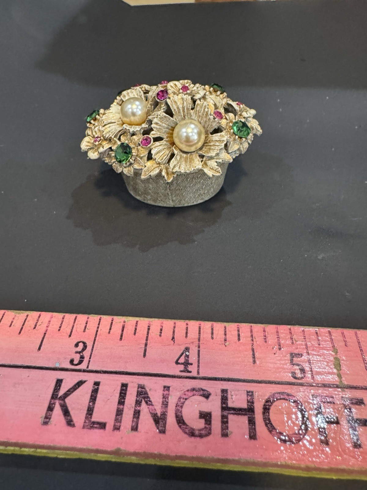 Vintage FLORENZA Flower Basket Ring Trinket Box - Pearls & Rhinestones Lid