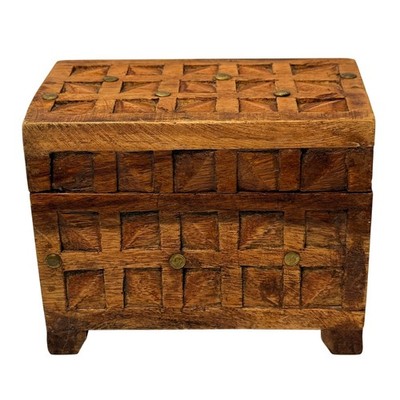 Vintage Hand Carved Wooden Trinket Box Brass Studded Geometric Treasure Chest *