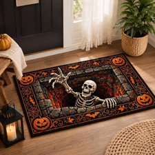 Halloween Skeleton Skull Doormat, 3D Optical Illusion Doormat, Pumpkin Floor Mat