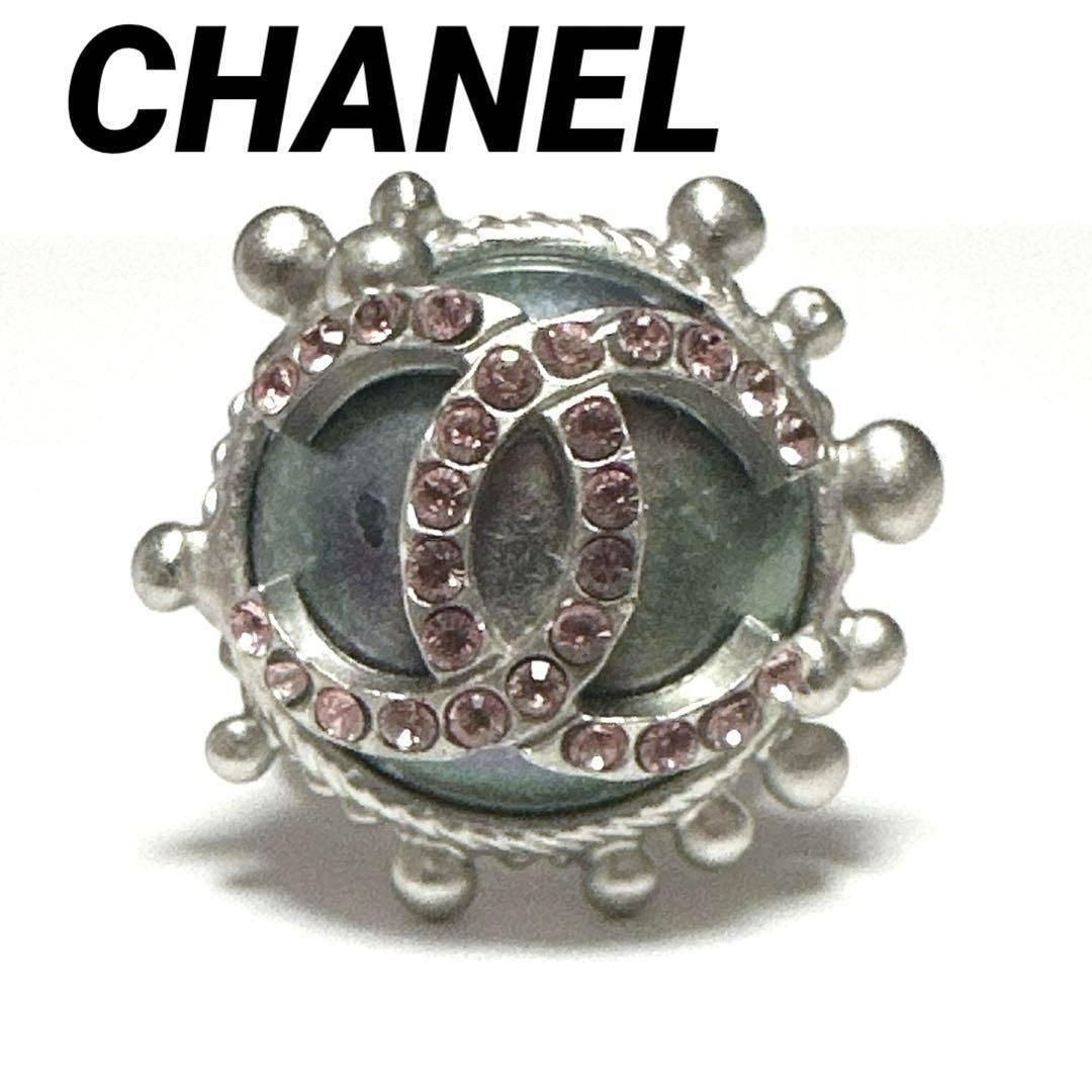 Auth CHANEL Ring Coco Mark Silver Metal Pink 13 Unisex Jewelry Vintage