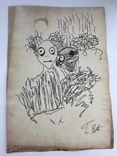 Tim Burton COA Art Painting Original Drawing Vintage Paper Signed