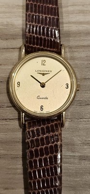 Vtg Longines Quartz Ladies watch NEW BATTERY  - Gold Dial - Brown Textured Belt