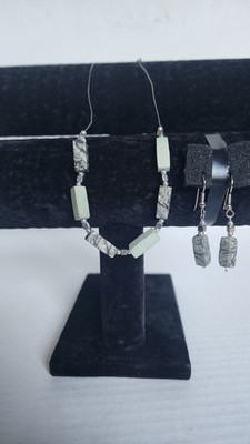 Natural Green Serpentine Stone Necklace & Dangle Earrings Set Silver Tone