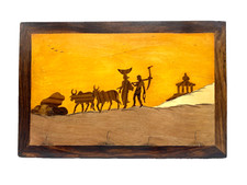 Wooden Marquetry Inlay Artwork Vintage Handcrafted Picture People 9.5" x 14.25"