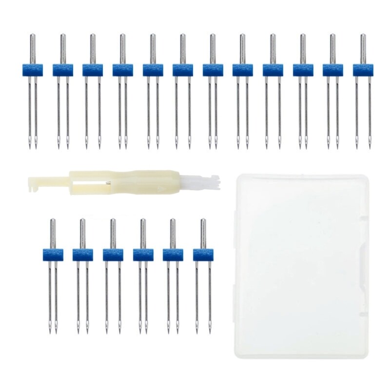 18pcs Twin Stretch Needles for Sewing Machine with Box Needle Threader-image