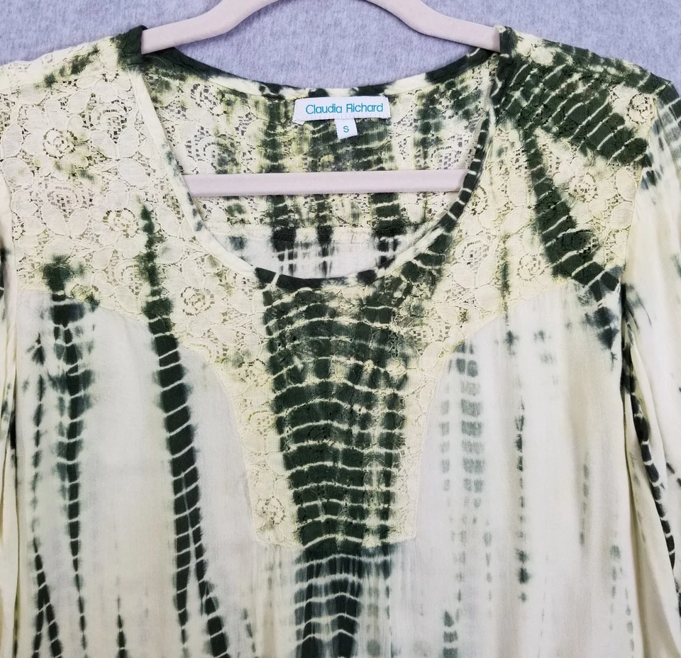 Claudia Richard Top Womens Small S Green Yellow Tie Dye ¾ Sleeve Lace Thin Sheer - Image 2 of 4