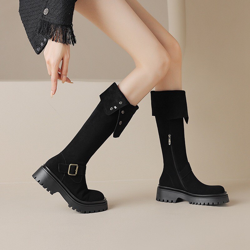 SAOLA Stivali donna al ginocchio lunghi scamosciati pelle suola spessa stivali cavaliere scarpe tacco basso