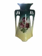 Vintage Floral Slovakian 5 1/4” Green And Yellow W/ Roses Pottery Bud Vase