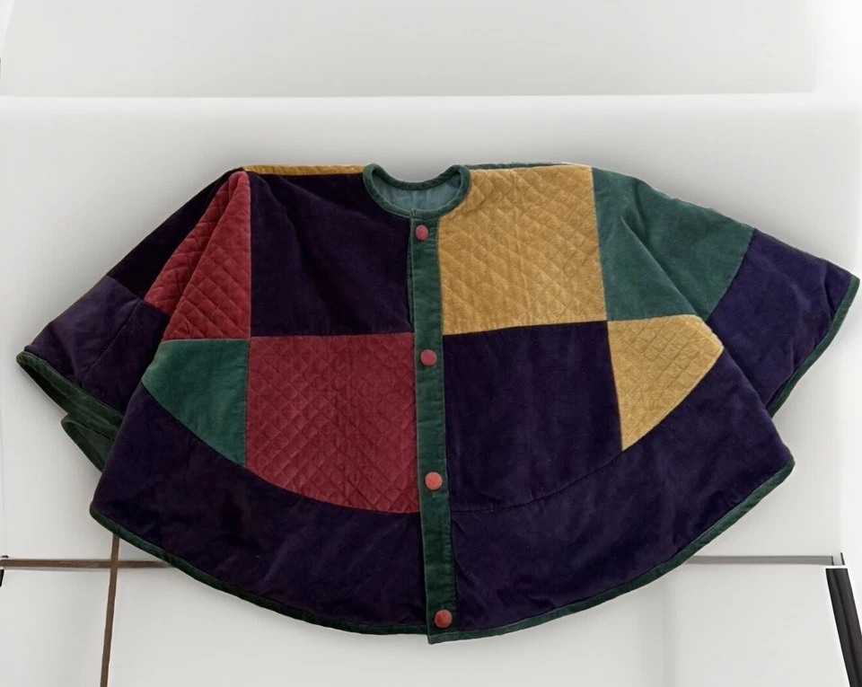 VTG BOHO Patchwork Poncho Cape Hippie Festival Purple Green 51x24 Velvet - Image 4 of 4
