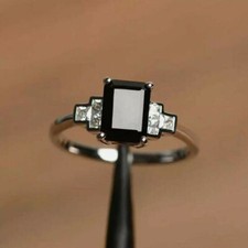 2.50Ct Emerald Cut Black Diamond Engagement Solitaire Ring 14K White Gold Finish
