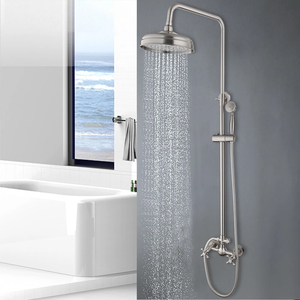 8" Brushed Nickel Shower Faucet Set Rainfall Round Head Wall Mounted Mixer Tap