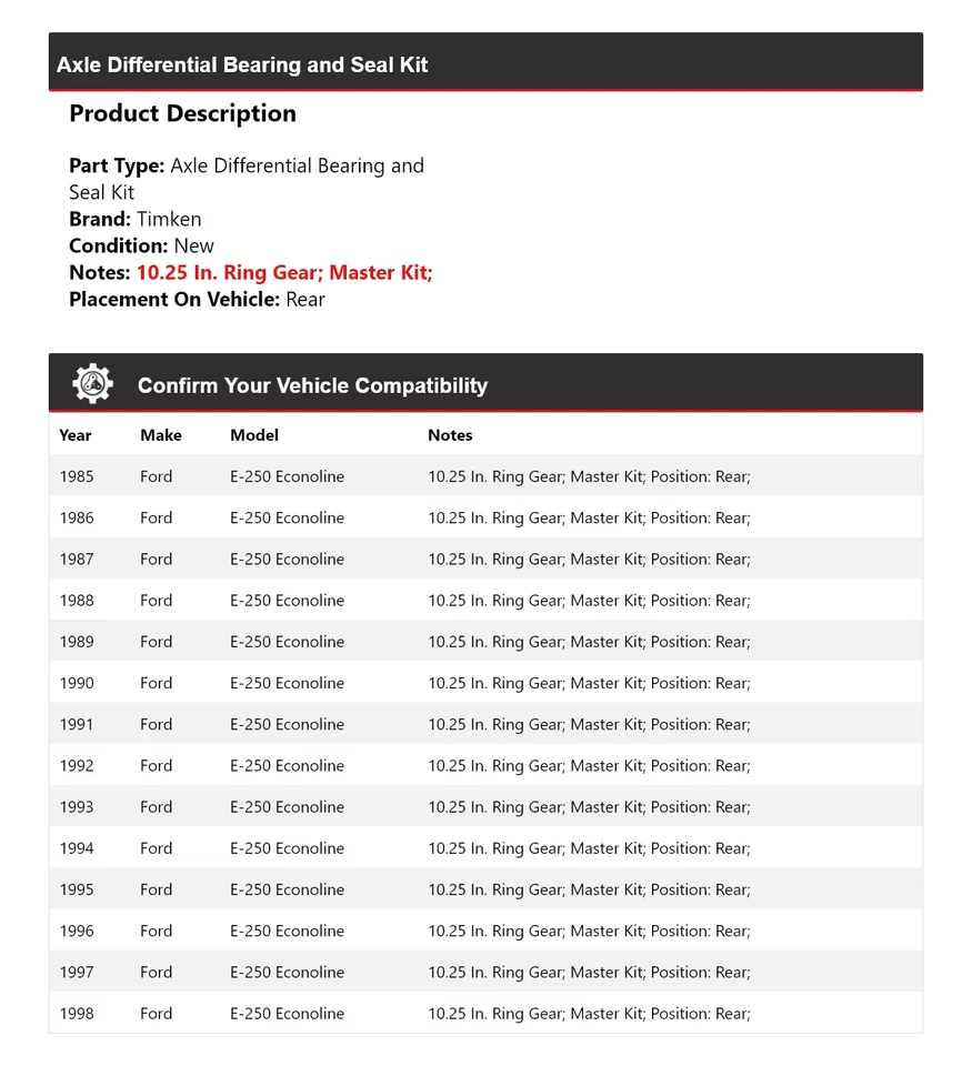 Kit de sello de cojinete diferencial eje para Ford E-250 Econoline 85-98 tiempo trasero Foto 2 de 3
