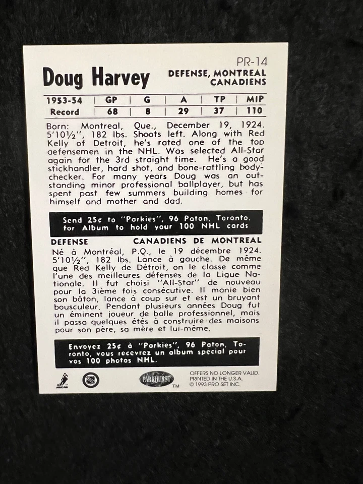 1992-93 Parkhurst Parkie Reprints Doug Harvey #PR-14 HOF Montreal Canadiens - Image 2 of 2