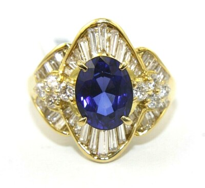 Natural Oval Blue Sapphire & Baguette Diamond Solitaire Ring 18k YG 4.67Ct
