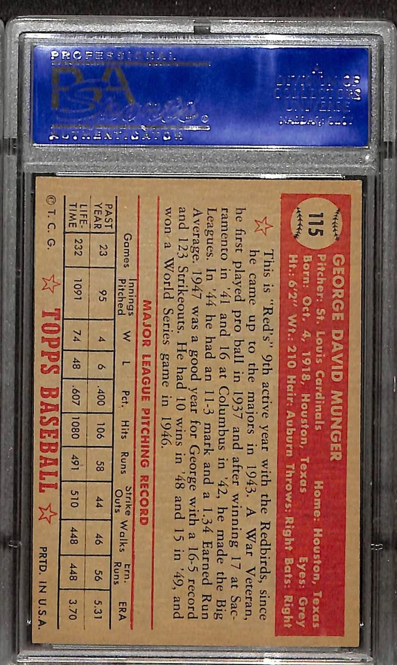 1952 TOPPS #115 GEORGE MUNGER PSA 7 NM 31093914 - Image 2 of 3