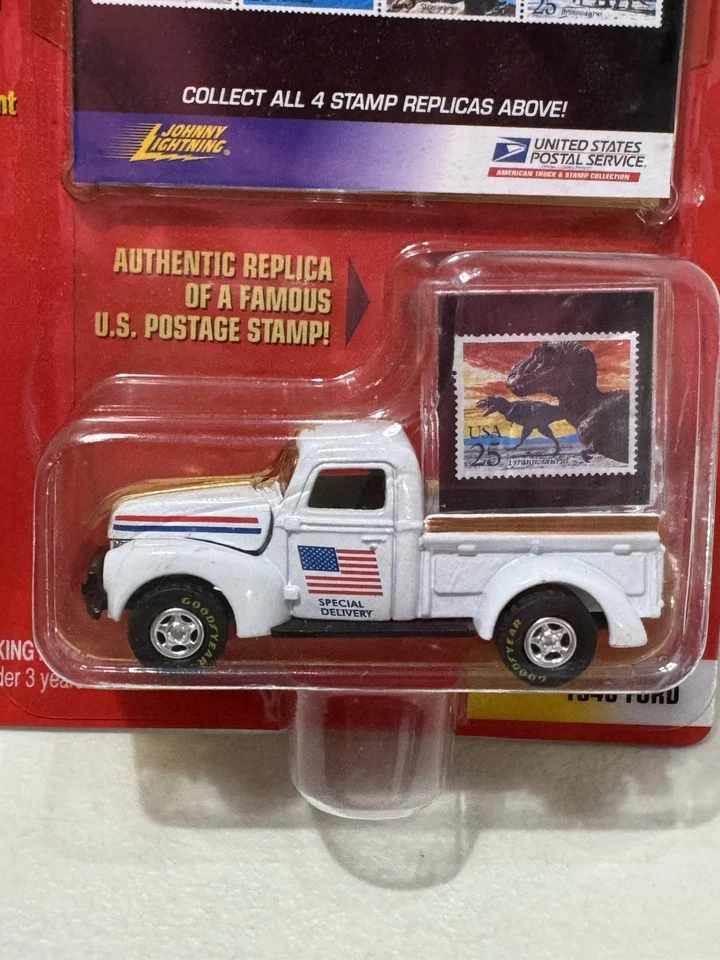 99 Johnny Lightning White 1940 FORD TRUCK USPS 25 Postal Stamp Dinosaurs NIP - Image 2 of 4