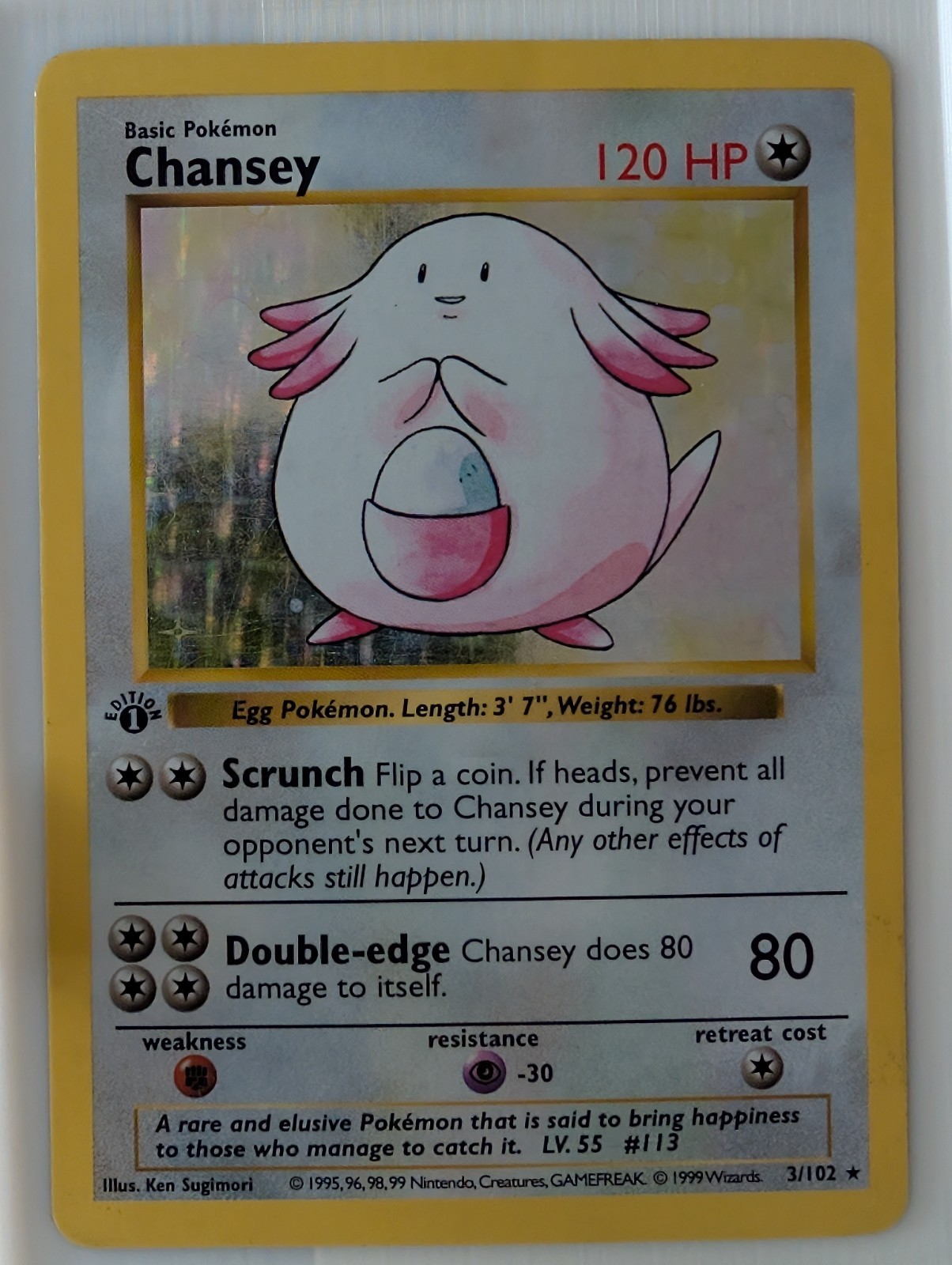 Chansey 3/102 Base Set 1st Edition Shadowless Holo Rare 1999 WOTC - MP