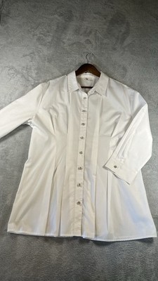 Crisp White Cotton Shirt w/Pleats Rhinestone Buttons 3/4sleeve Clean Girl  Y2K