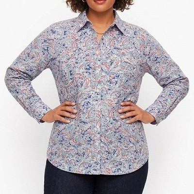 Talbots Abstract Floral 100% Cotton Button Down Shirt X Plus Blue Collared