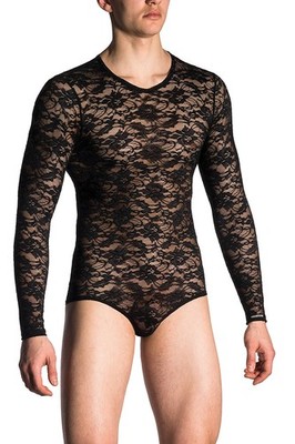 Manstore M705 V-Neck Body Langarm transparent elastische Spitze Mikrofaser