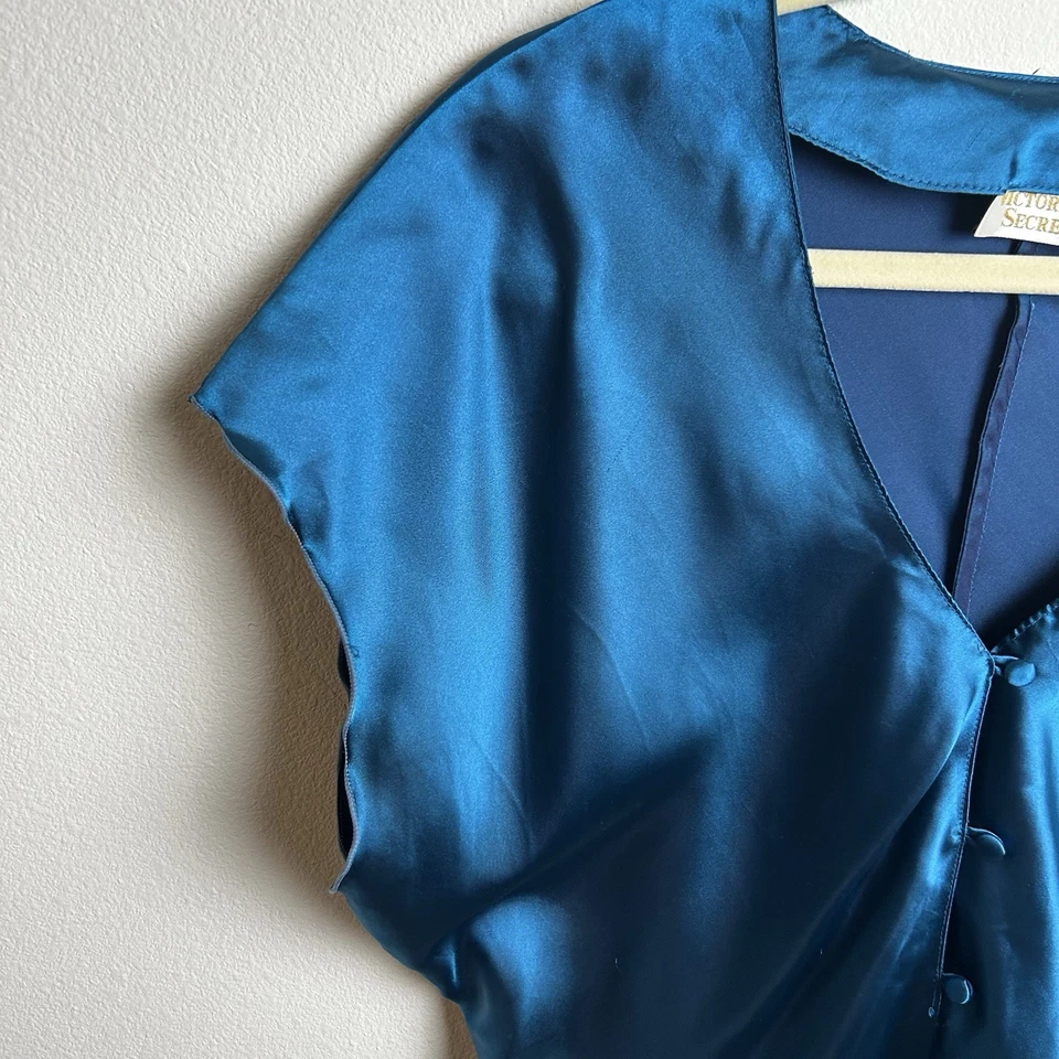 Vestido camisa de dormir vintage Victoria's Secret Gold Label cetim azul-petróleo tamanho: M - Imagem 3 de 4