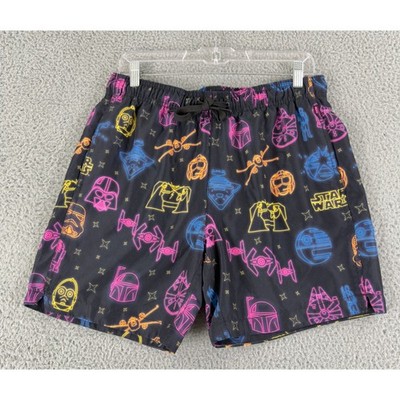 Star Wars Galactic Print Swim Trunks Mens Medium Black Neon Board Shorts Beach