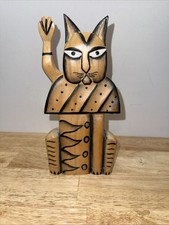 Wooden Cat Figurine With Paw Up Handcrafted Art Decor Multicolor Artisan Craft