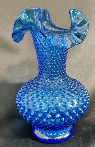 Vintage Fenton 10.5” Tall Colonial Cobalt Blue Hobnail Ruffled Edge Topped Vase