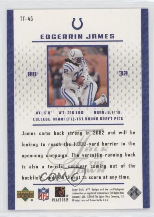 2003 Upper Deck MVP Talk of the Town Edgerrin James #TT-45 HOF - Image 2 of 2