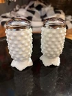 Fenton Vintage White Milk Glass Hobnail Salt Pepper Shakers, Chrome Lids, 3.25"