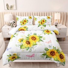 Sunflower Comforter Sets,Floral Botanical 3-Pieces Microfiber Bedding Quilt f...