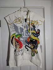 Ed Hardy Panther Snake Sleeveless Ivory Hoodie Vest Size M NWT