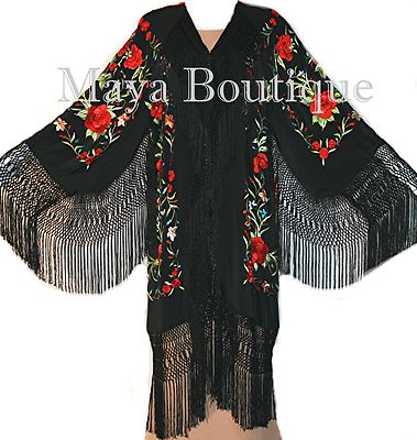 Embroidered Silk Opera Coat Kimono Flamenco Jacket Red Roses Black