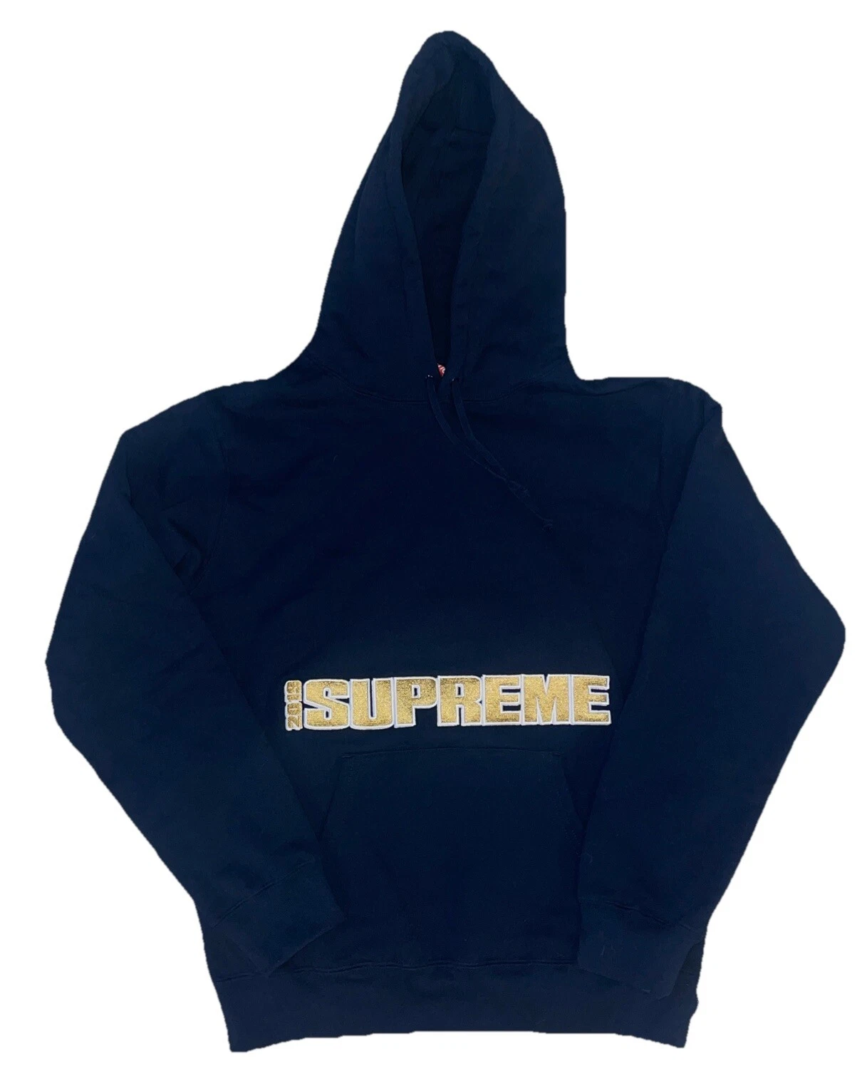 Sweat à capuche Supreme Blockbuster bleu marine à capuche Lg extra large doré