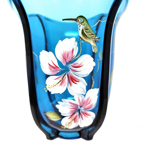 FENTON Indigo Blue Glass Vase ORCHID FLORAL w/ HUMMINGBIRD 7" Tall SIGNED