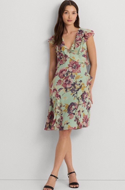 送料関税込【LAUREN RALPH LAUREN】FLORAL ETTE DRESS Lauren Ralph Lauren Crinkle Georgette Floral Print V-Neck
