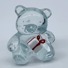 Vintage Art Glass Clear Bubbled Teddy Bear With Present Paperweight Figurine 3”T
