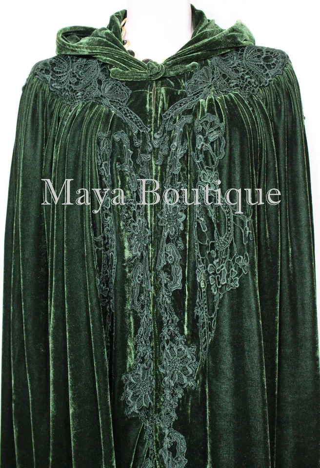 Cloak Opera Cape Dark Green Victorian Rep Long Velvet & Lace Lined Maya Boutique - Image 2 of 4