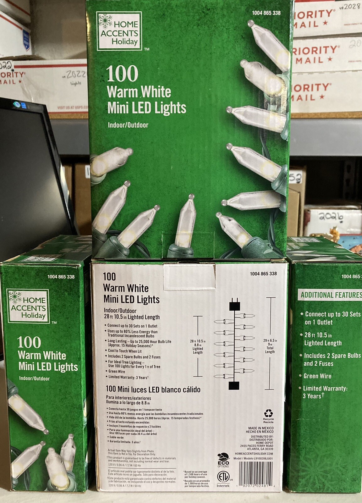 4 Boxes Home Accents Holiday 100 Mini LED Warm WhIte Lights W/ Green