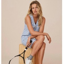 MANGO MNG Pocket Tweed Button Front Dress Baby Blue Ivory {3A34}