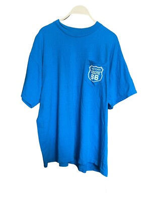 Vintage 1994 Get Your Kicks Route 66 Blue White Tourist Pocket T Shirt