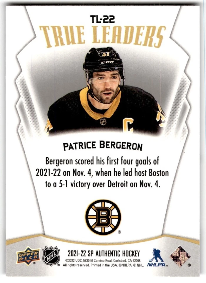 2021-22 SP Authentic True Leaders Patrice Bergeron #TL-22 - Image 2 of 2