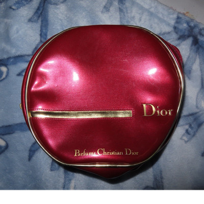 Dior Red Satin Makeup Bag Gold Trim Zipper Cosmetic Case Red Gold Parfum Travel