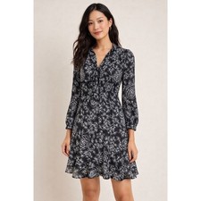 LOFT Dress Womens Medium Black White Floral Wrap Long Sleeve Short Ruffle Hem