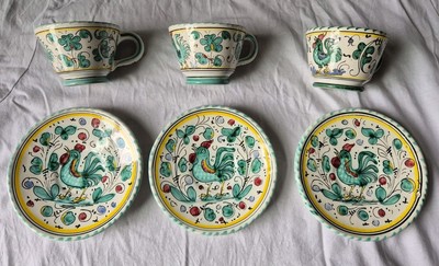 Deruta  GREEN ROOSTER Italian Majolica 3 Cups & Saucers Sets