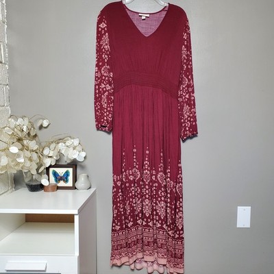 Knox Rose Floral Bohemian Maxi Dress Size Medium Burgundy Long Sleeve 2023