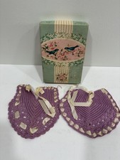 Vtg Hand Crochet Baby Bib With Satin Ribbon Lilac Color with Box