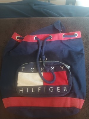 Tommy Hilfiger 1990s Vintage Canvas Backpack Tote with Drawstring Spell Out Logo