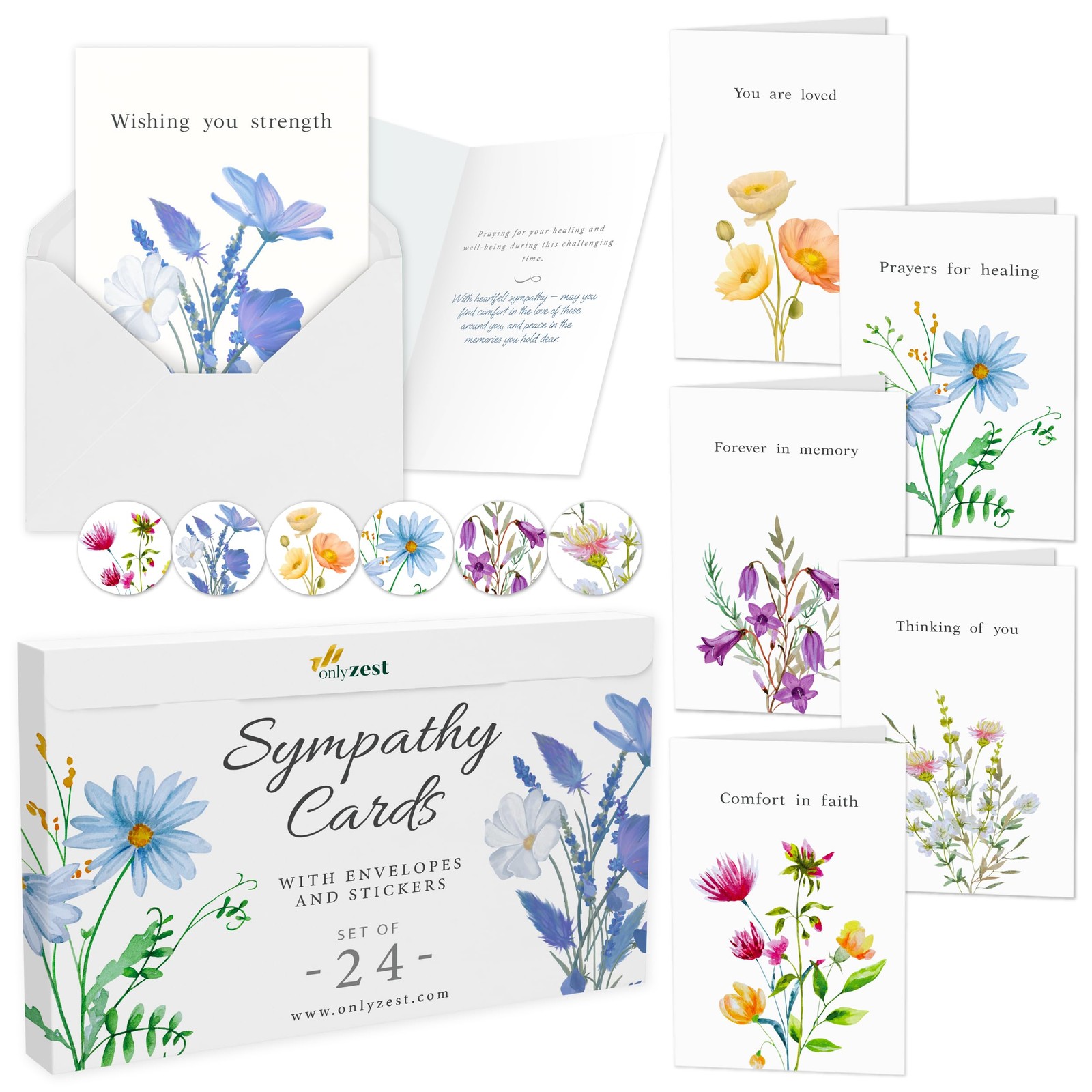 Only Zest 24 Box of Sympathy Cards with Envelopes - 4 x 6 Inches, Floral